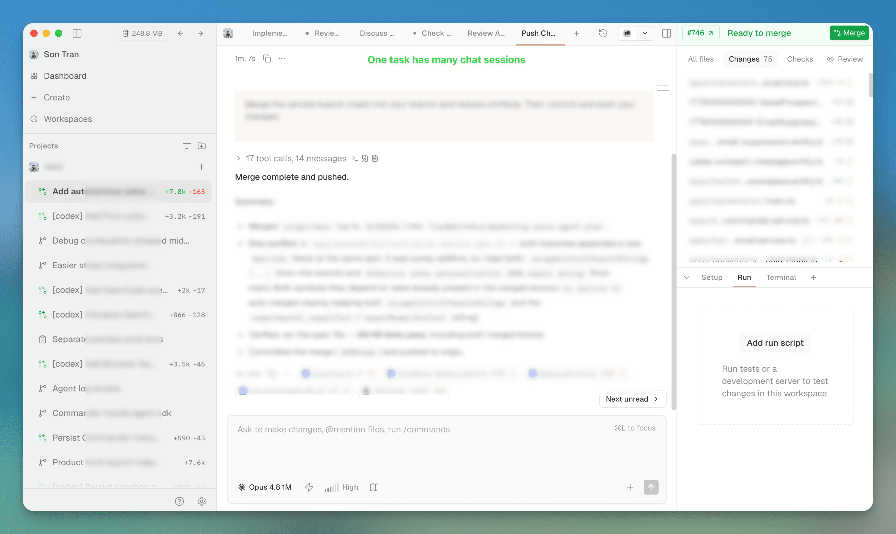 Conductor showing a single task with multiple chat sessions running side by side — one session merging and pushing changes while others review and explore