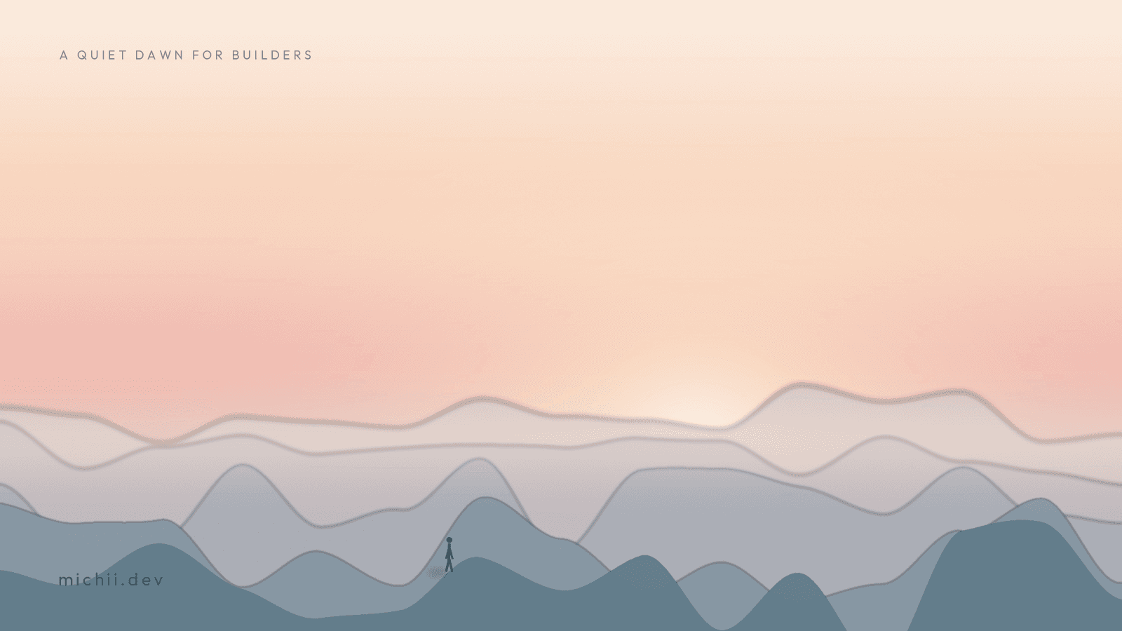 A quiet dawn landscape for builders with the Michii.dev wordmark