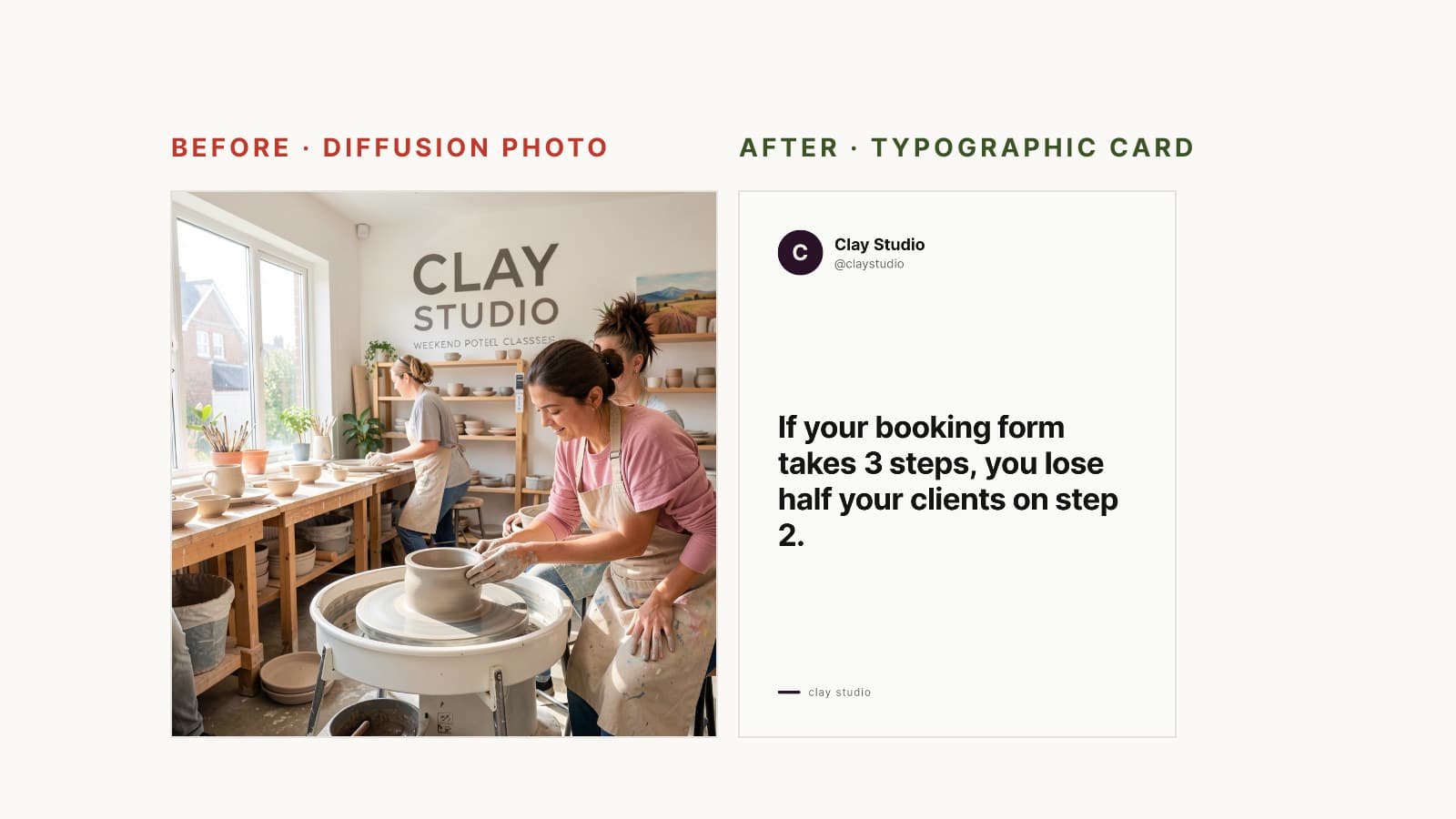 Side by side comparison: an AI-generated pottery studio photo with garbled wall text, next to a clean typographic card that reads 'If your booking form takes 3 steps, you lose half your clients on step 2.'