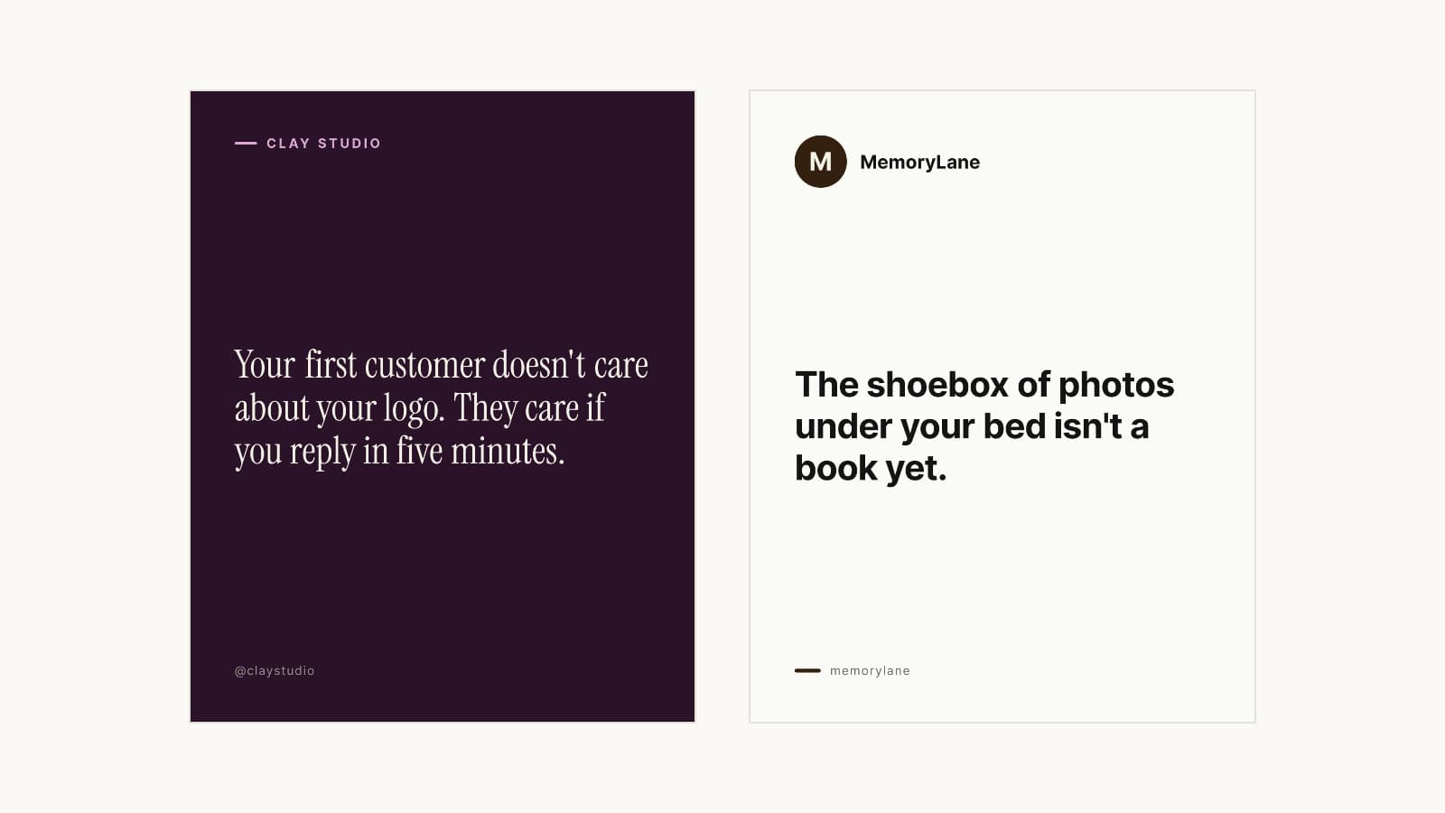 Two of the card templates: a deep plum quote card for Clay Studio, and a light tweet-style card for MemoryLane that reads "The shoebox of photos under your bed isn't a book yet."